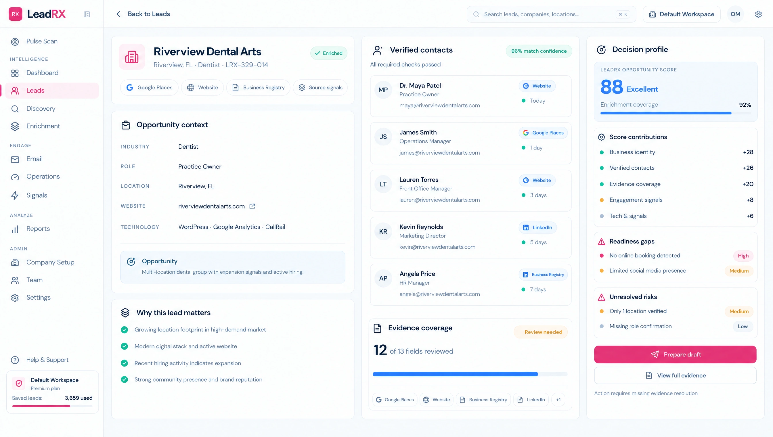 Business and contact research — LeadRx product design preview