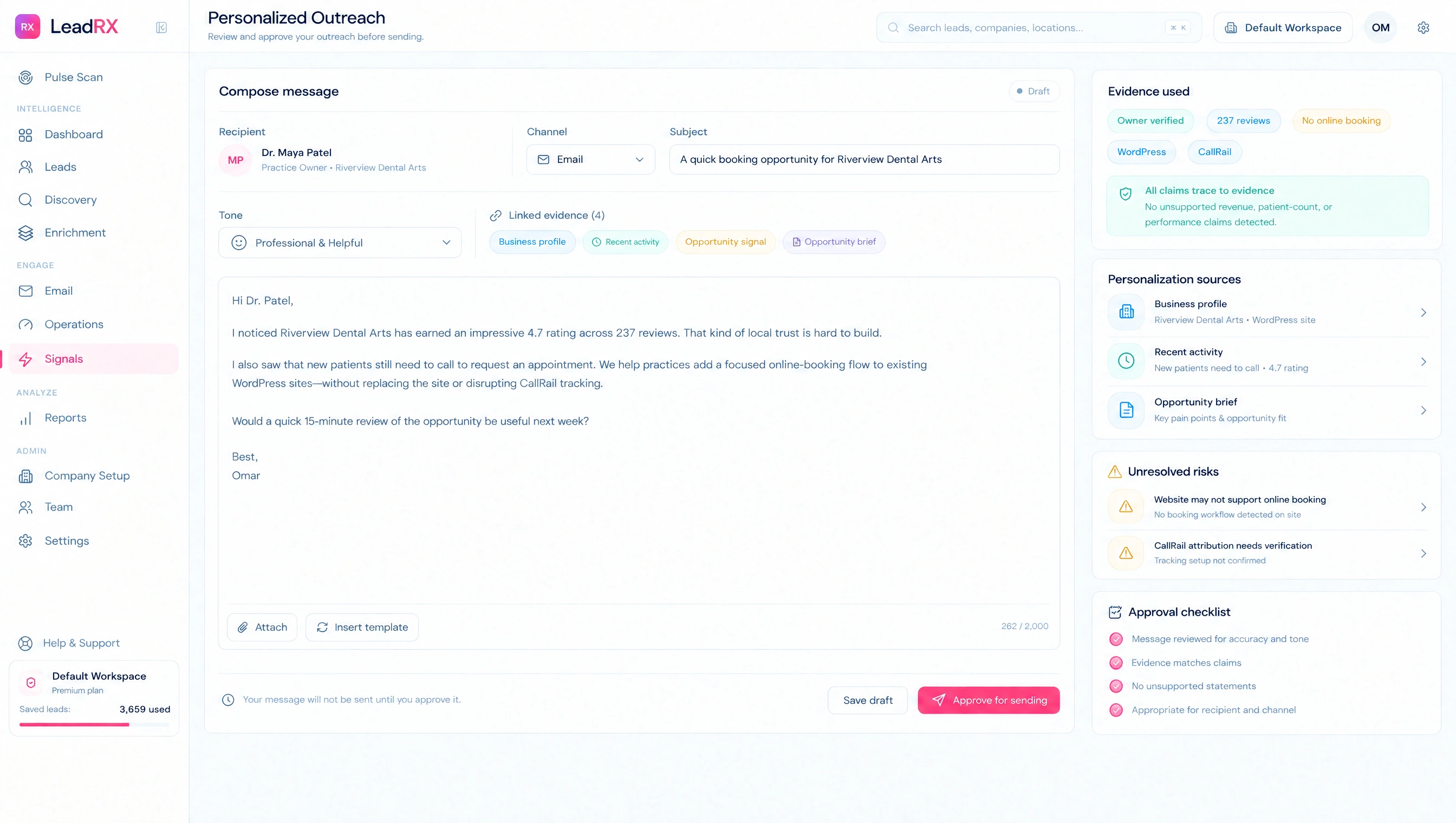 Outreach review — LeadRx product design preview