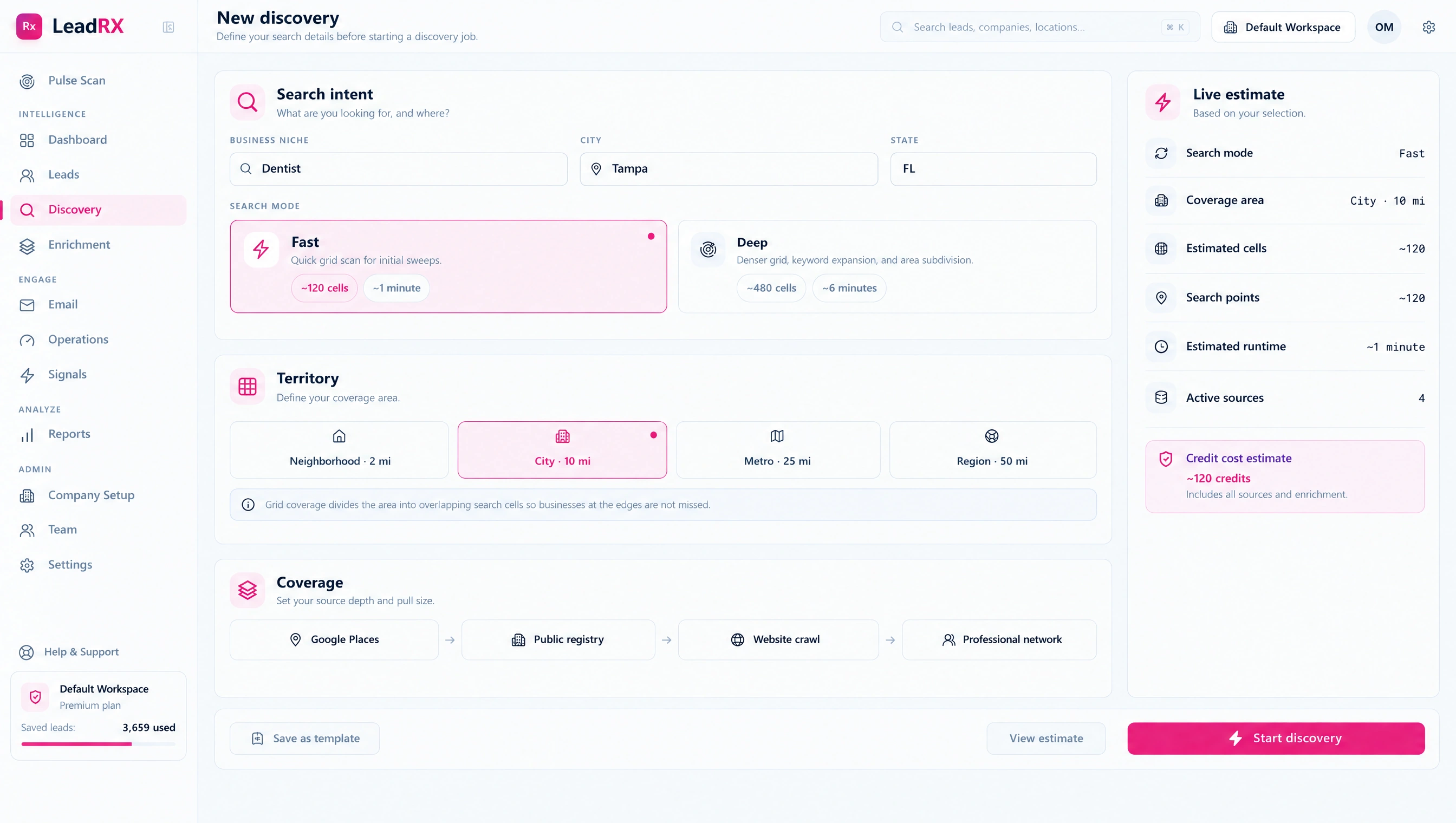 Local discovery search setup — LeadRx product design preview
